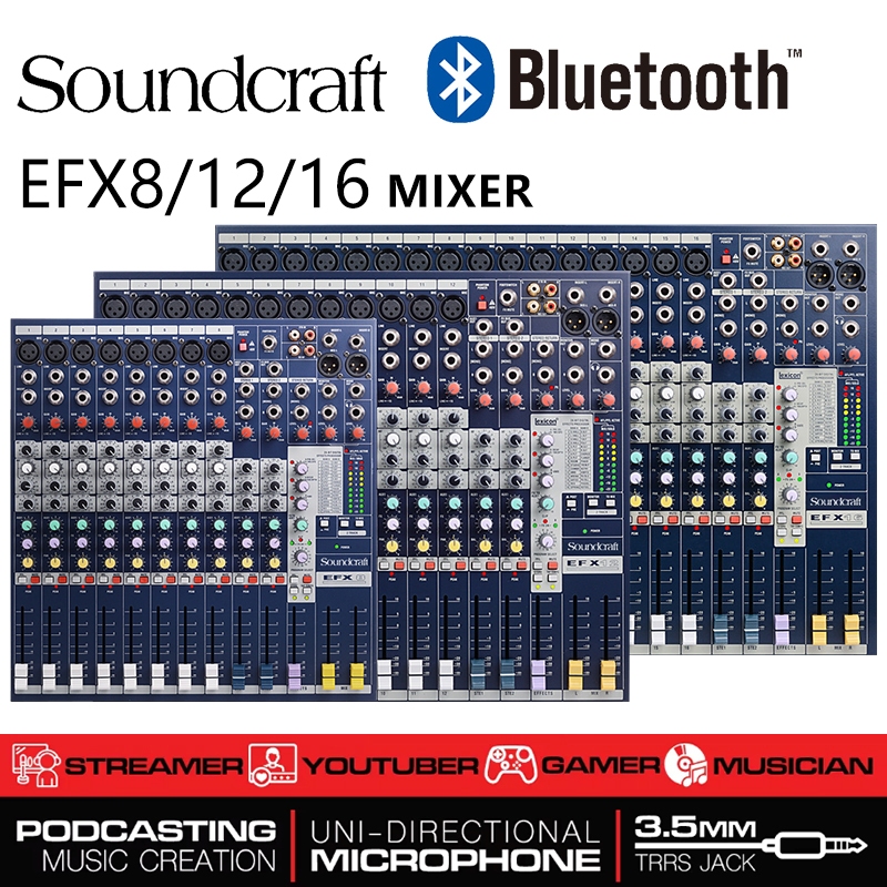 Soundcraft EFX8/EFX12/EFX16 MIXER สถานีผสม 8/12/16 ช่อง, การกําหนดค่าระดับมืออาชีพ 32 อัน, เอฟเฟกต์ค