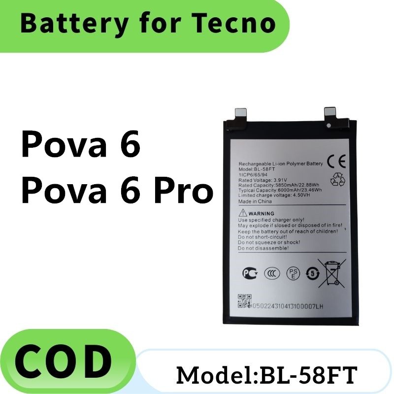 แบตเตอรี่ BL-58FT Bateri เข้ากันได้กับ TECNO Pova 6 Batery Pova 6 Pro