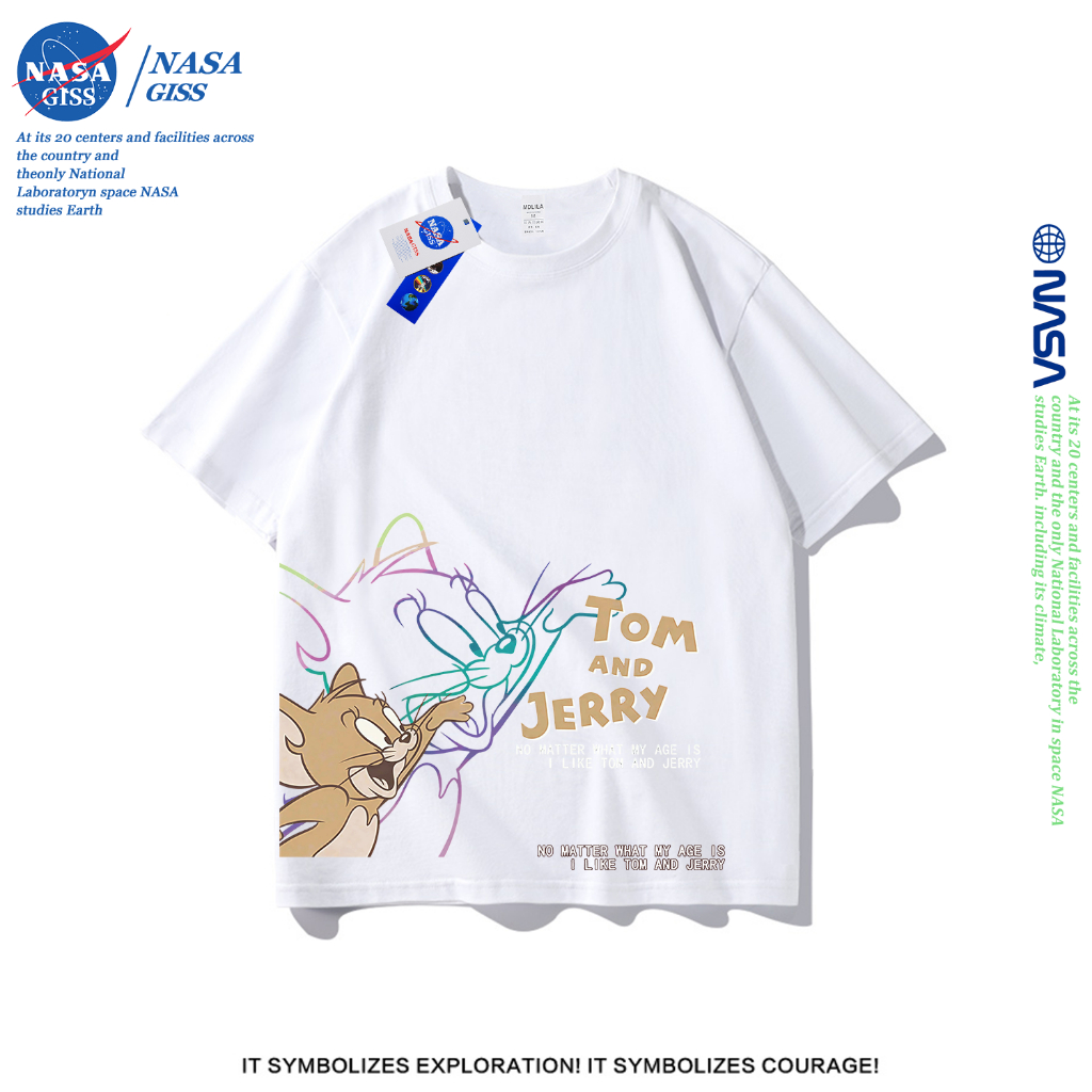 NASA เสื้อยืดชายหญิงแขนสั้น สไตล์ลำลอง summer Tom And Jerry พิมพ์ลาย คอตตอน คอกลม หลวมและระบายอากาศ