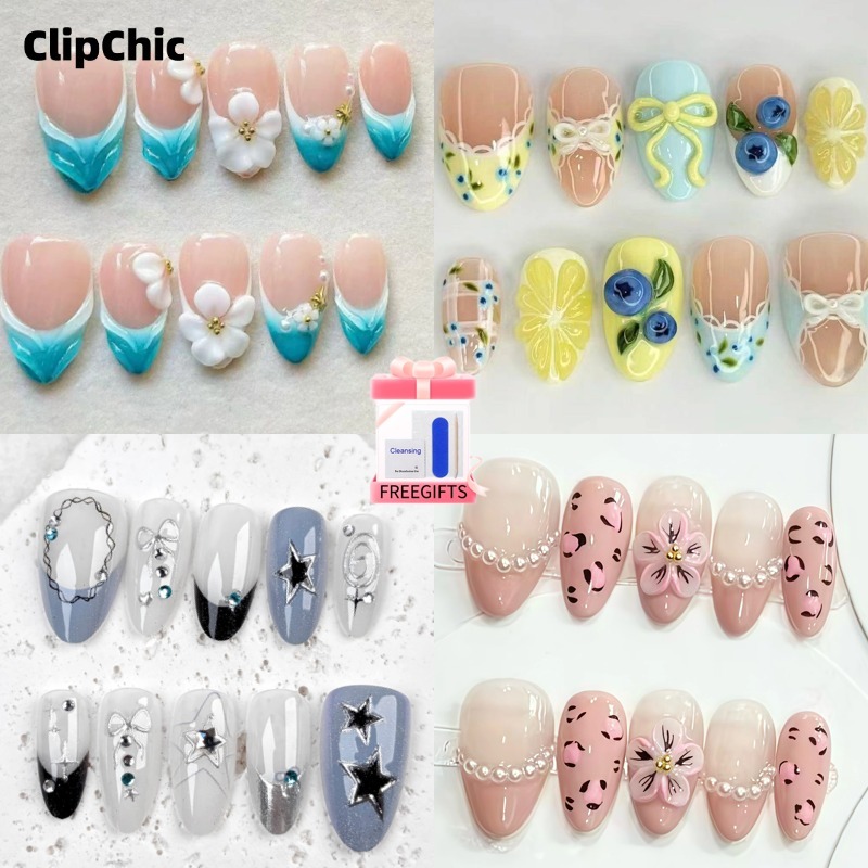 ใหม่ 3D Handmade ฤดูร้อนเล็บยาวสั้นอัลมอนด์เล็บนํากลับมาใช้ใหม่สวมใส่เล็บกันน้ํา 4IN1 ชุดเครื่องมือ