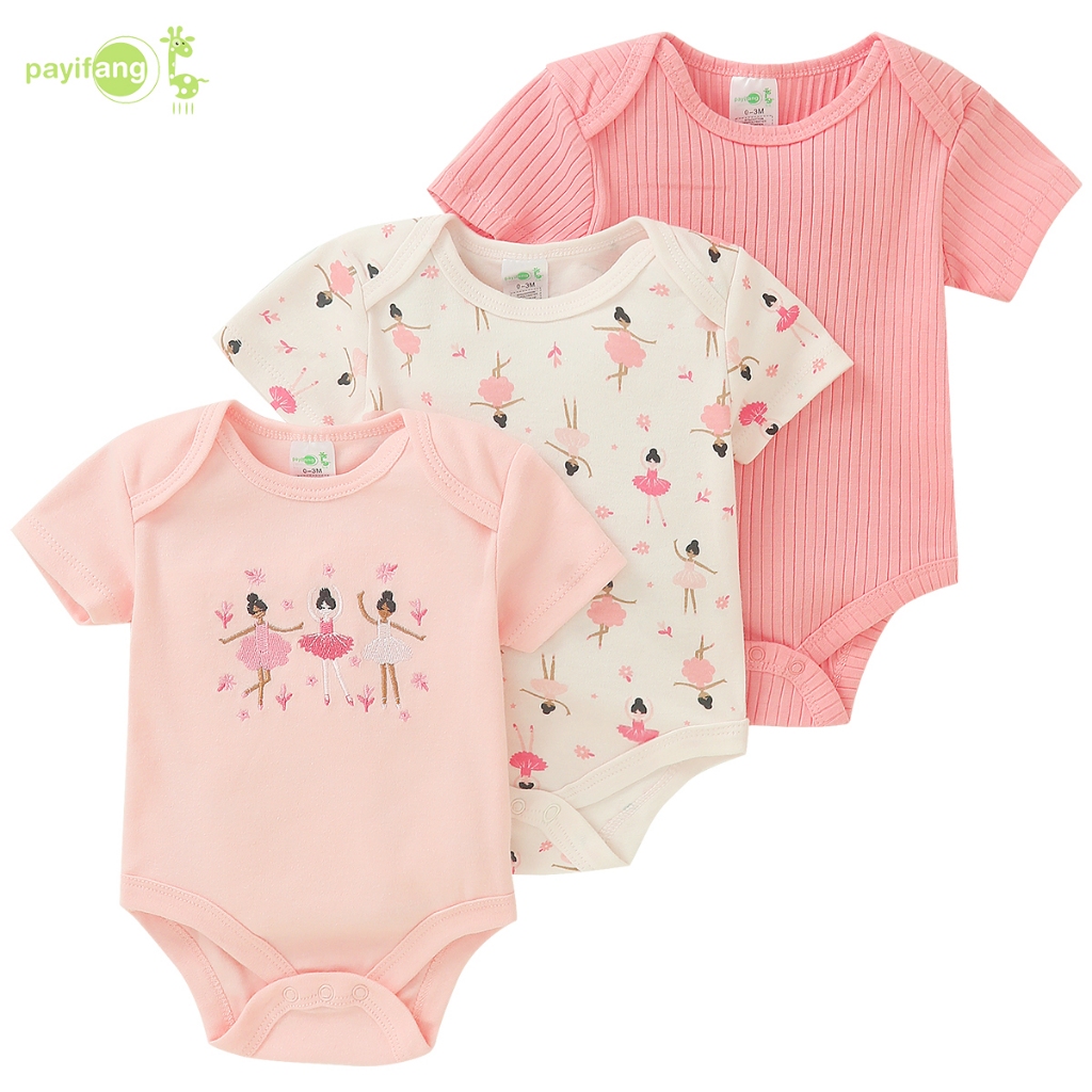 PAYI BABY-3 ชิ้น แบบบอดี้สูท จากผ้าฝ้าย สไตล์โรมเพอร์ สำหรับทารกแรกเกิดและวัยเรียนเต้นรำ ชุดเด็กแขนสั้น บอดี้สูทเด็ก