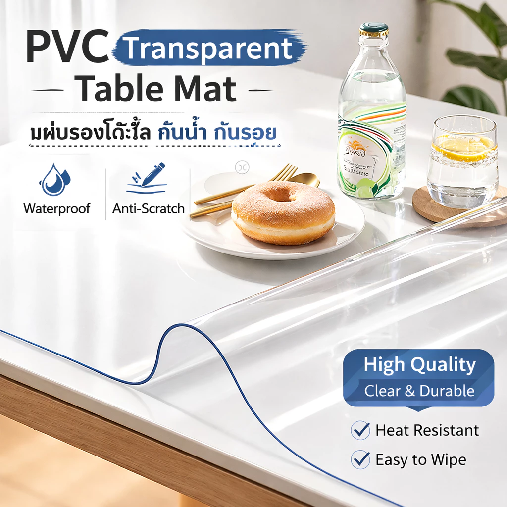 ผ้าปูโต๊ะใส PVC แผ่นรองโต๊ะ หนาพิเศษ 1.5–4.5 มม. กันน้ำ กันน้ำมัน ทนความร้อน เช็ดทำความสะอาดง่าย