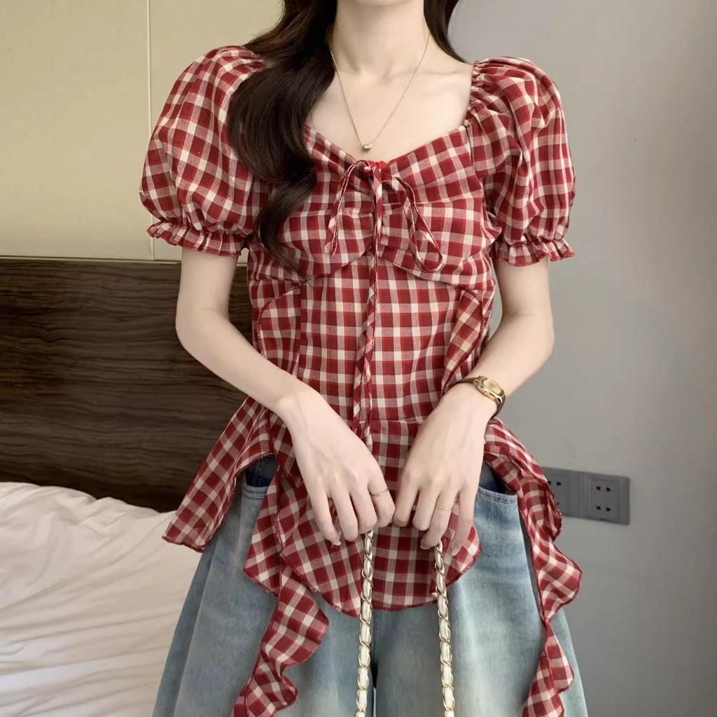 ชุดเดรสสก๊อตสีกริดแขนพองลายสก๊อตสไตล์เกาหลี 2026ใหม่ล่าสุด ชุดเดรสสั้นผ้าคอตตอนสบายๆ สไตล์สาวหวานๆ เหมาะวันหยุดเดท