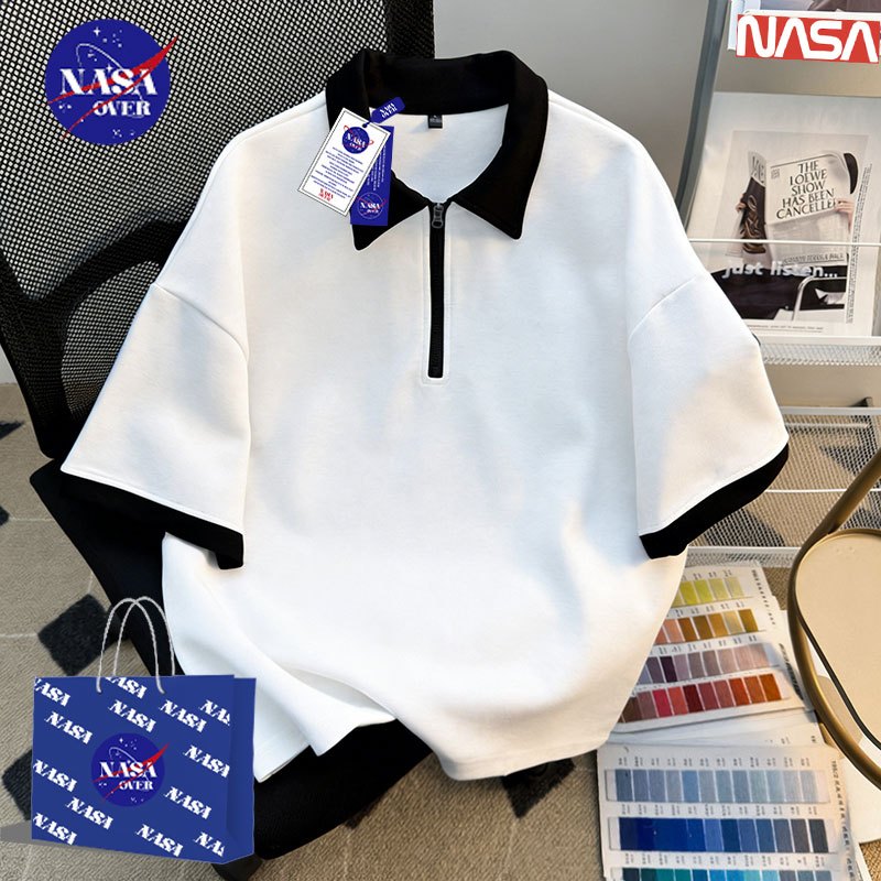 【จัดส่งจากกรุงเทพฯ】🔥NASA ฤดูร้อน สีขาว oversized เสื้อโปโลปก สีพื้น ดีไซน์ครึ่งซิป ลำลอง ใส่สบาย ยูนิเซ็กส์d