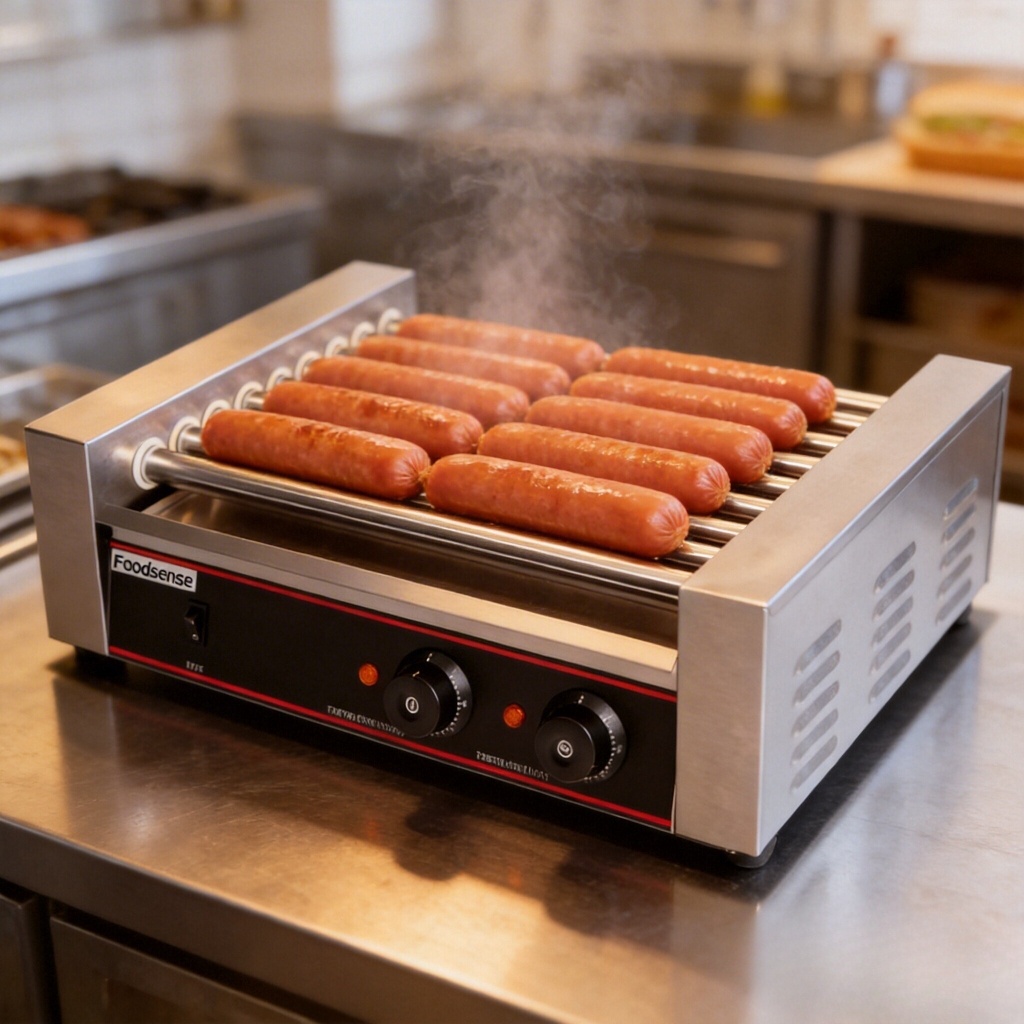((Foodsense) ประเทศไทยที่ขายดีที่สุดเครื่องไส้กรอกขนาดเล็ก Commercial Hot Dog Stall Machine ไส้กรอกย่างลูกกลิ้งสแตนเลสทําความสะอาดง่าย Hot Dog Machine