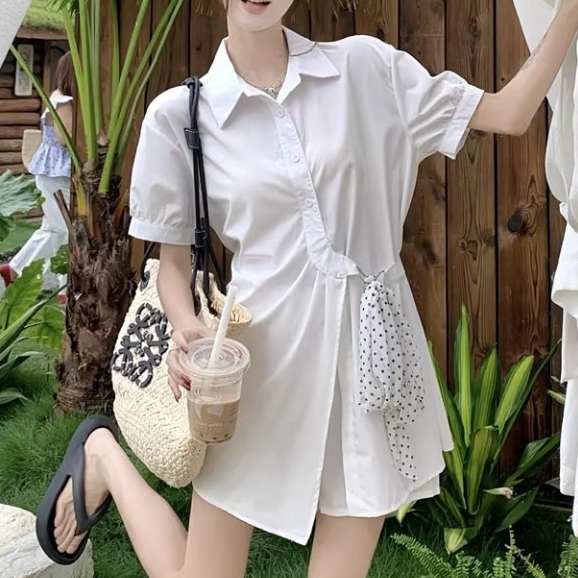 เซ็ตเสื้อเชิ้ตแขนสั้นผู้หญิง สีฟ้าสวีท กางเกงขาสั้น สไตล์เกาหลี มินิมอล เหมาะกับถ่ายรูปคาเฟ่