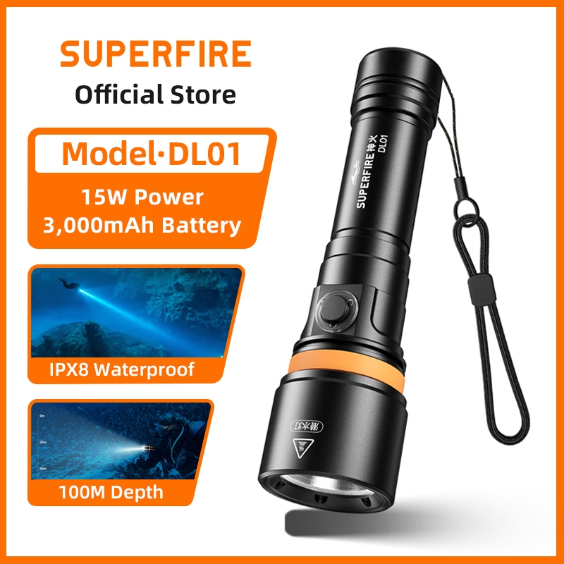 ไฟฉายดำน้ำ SUPERFIRE DL01 15W IPX8 กันน้ำ มืออาชีพใต้น้ำ 100 เมตร สกูบา ไฟฉุกเฉิน 1400 ลูเมน ไฟทำงาน