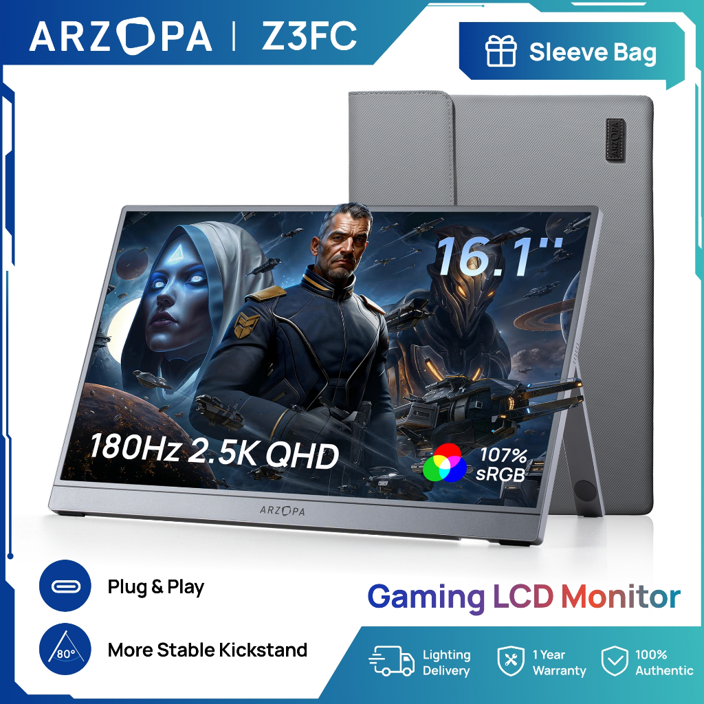 (พรีออเดอร์ จัดส่งภายใน 10 วัน) ARZOPA 16.1 180Hz Portable Monitor-Z3FC Grey, 107% sRGB 2.5K Kicksta