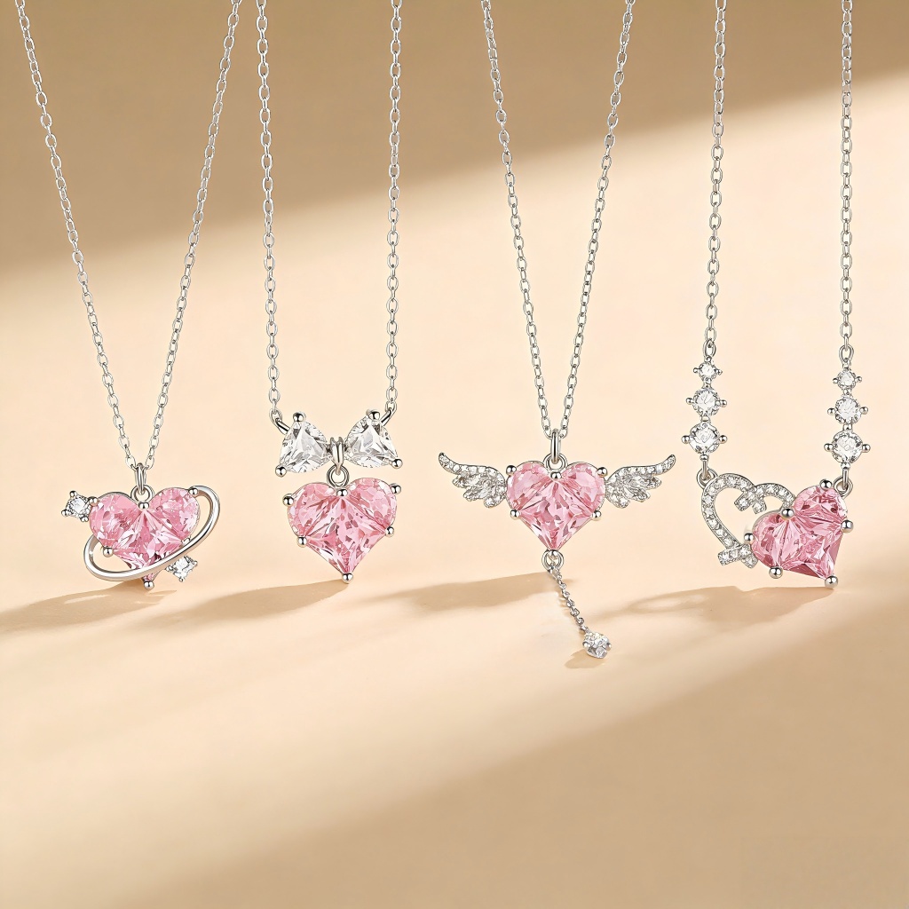 สร้อยคอส925 สีชมพู ลายหัวใจนางฟ้า เครื่องประดับแฟชั่นและของขวัญ