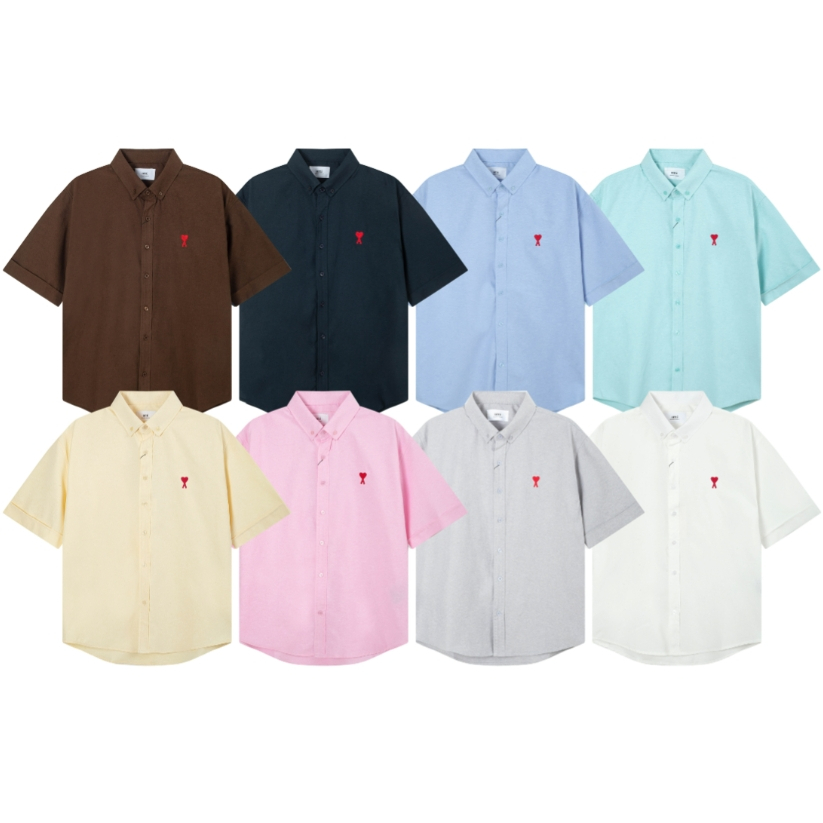 เสื้อเชิ้ต Oxford คลาสสิก สไตล์ฤดูใบไม้ร่วง ผ้าฝ้ายเนื้อทึบ แขนสั้น มีปักป้ายขนาดเล็กสีแดงด้านหน้า