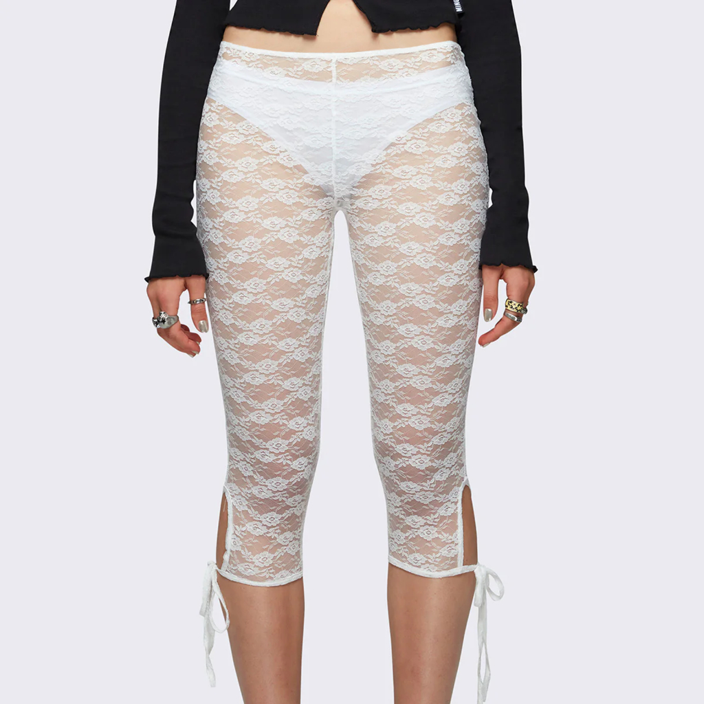 SG/ผู้หญิงลูกไม้ Capri กางเกงผ้าพันแผลลําลอง Cutout ดูผ่านกางเกงยืดหยุ่นสําหรับสตรีทแวร์ทุกวัน