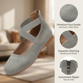 【ส่งจากไทย】Fancylee 014 Grey Suede Elastic Lace-Up Mary Janes มีซิปหลัง &amp; ส้นเหลี่ยมต่ํา - เหมาะสําหรับ Commuting