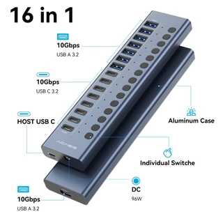 ACASIS 16 พอร์ต 10Gpbs USB3.2 Hub 8 * USB-A & 8 * USB-C 3.2 HUB รองรับ BC1.2 ชาร์จ 12V8A อะแดปเตอร์อลูมิเนียม Type-C Splitter สําหรับ Macbook อุปกรณ์เสริมเดสก์ท็อป