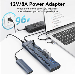 ACASIS 16 พอร์ต 10Gpbs USB3.2 Hub 8 * USB-A & 8 * USB-C 3.2 HUB รองรับ BC1.2 ชาร์จ 12V8A อะแดปเตอร์อลูมิเนียม Type-C Splitter สําหรับ Macbook อุปกรณ์เสริมเดสก์ท็อป