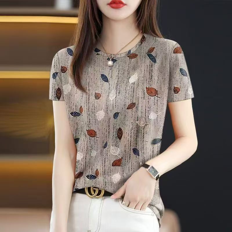 ฤดูร้อนสไตล์ใหม่แขนสั้นเสื้อยืดผู้หญิงกลางอายุแม่ขนาดใหญ่ทุกการแข่งขันหลวมปกท้อง ผอมลง ดูด้านบน