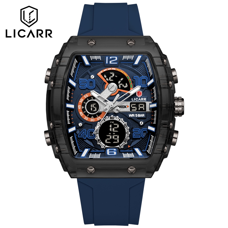 LICARR แบรนด์ชั้นนําแฟชั่นนาฬิกาผู้ชายกันน้ํานาฬิกาปลุกปฏิทิน Dual Display นาฬิกาจับเวลา 9546