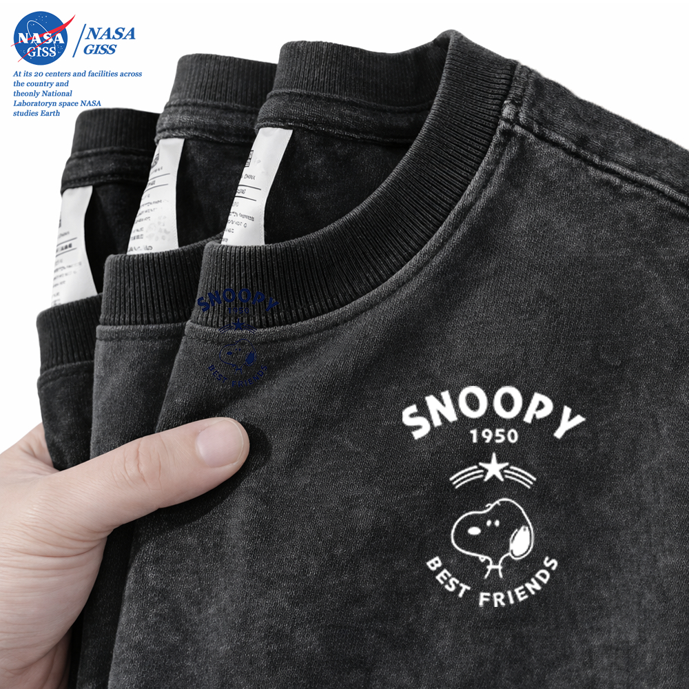 NASA เสื้อยืดฟอก oversize ชายหญิงแขนสั้น สตรีทฮิปฮอป summer SNOOPY พิมพ์ลาย คอตตอน100% คอกลม หลวมและระบายอากาศ