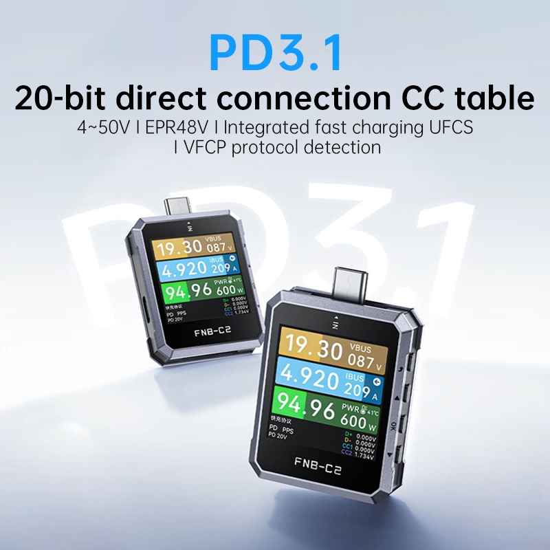 FNIRSI FNB-C2 เครื่องวัดแรงดันไฟฟ้า/กระแสสลับ USB พร้อมเครื่องทดสอบ Protocol ชาร์จเร็ว Type-C