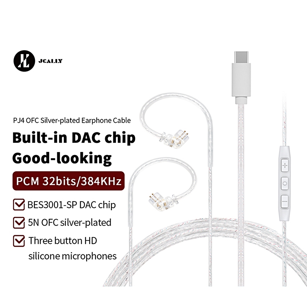 JCALLY PJ4 OFC ชุบเงินสายหูฟัง Type-C QDC Connector ชิป DAC ในตัว HiFi Lossless เสียงสายสามคีย์ Mic 