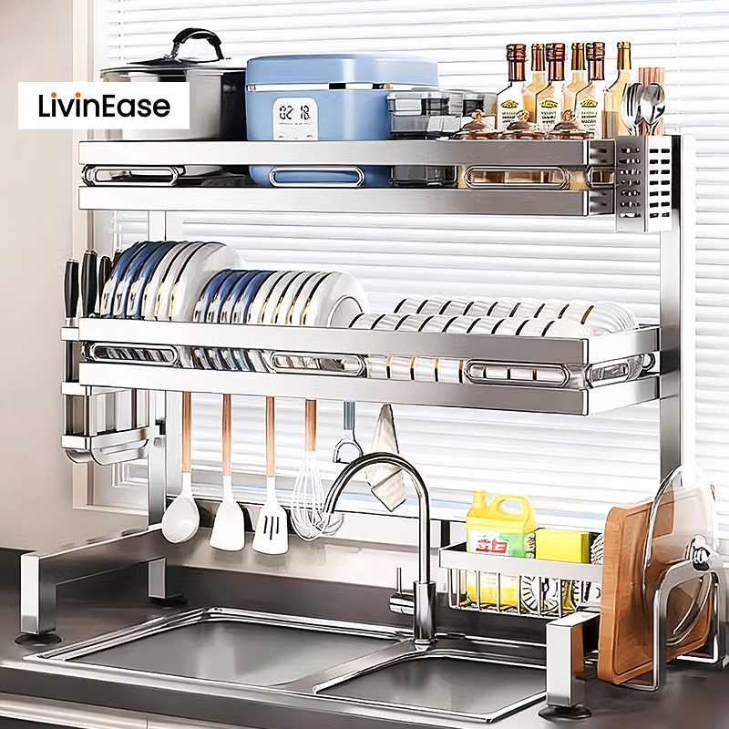 LivinEase 55-120cm ที่วางจานสำหรับอ่างล้างจานสแตนเลส รับน้ำหนักได้ 60 กก. มาพร้อมอุปกรณ์เสริม: มีด/เขียง/ตะกร้า