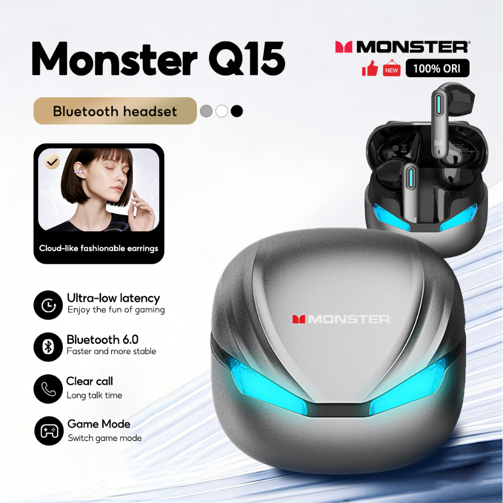 หูฟังบลูทูธมอนสเตอร์ True Wireless Q15 เสียงคุณภาพสูงสําหรับเล่นเกมตัดเสียงรบกวนกีฬา Magic Sound