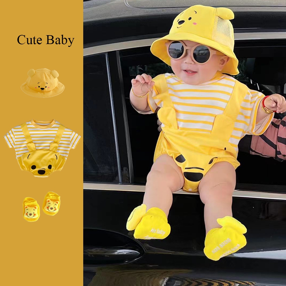 ทารกแรกเกิด Winnie The Pooh จั๊มสูทผ้าฝ้ายแท้ฤดูร้อนผ้าฝ้ายแขนสั้น Onesie 0-24M