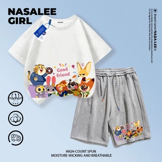 【จัดส่งวันเดียวกัน】ชุดเสื้อยืดผ้าฝ้ายเด็ก NASA สีน้ำเงินกรมท่า แขนสั้นและกางเกงขาสั้น ลายครอบครัวสัตว์สุดป่วน อายุ 3-16 ปี เสื้อผ้าลำลองสำหรับเด็กชายเด็กหญิง