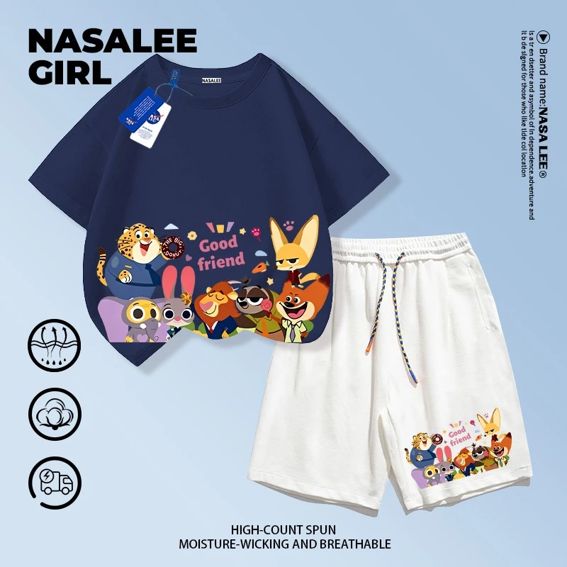 【จัดส่งวันเดียวกัน】ชุดเสื้อยืดผ้าฝ้ายเด็ก NASA สีน้ำเงินกรมท่า แขนสั้นและกางเกงขาสั้น ลายครอบครัวสัตว์สุดป่วน อายุ 3-16 ปี เสื้อผ้าลำลองสำหรับเด็กชายเด็กหญิง