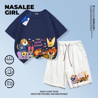 【จัดส่งวันเดียวกัน】ชุดเสื้อยืดผ้าฝ้ายเด็ก NASA สีน้ำเงินกรมท่า แขนสั้นและกางเกงขาสั้น ลายครอบครัวสัตว์สุดป่วน อายุ 3-16 ปี เสื้อผ้าลำลองสำหรับเด็กชายเด็กหญิง