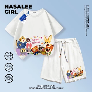 【จัดส่งวันเดียวกัน】ชุดเสื้อยืดผ้าฝ้ายเด็ก NASA สีน้ำเงินกรมท่า แขนสั้นและกางเกงขาสั้น ลายครอบครัวสัตว์สุดป่วน อายุ 3-16 ปี เสื้อผ้าลำลองสำหรับเด็กชายเด็กหญิง