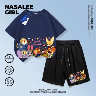 【จัดส่งวันเดียวกัน】ชุดเสื้อยืดผ้าฝ้ายเด็ก NASA สีน้ำเงินกรมท่า แขนสั้นและกางเกงขาสั้น ลายครอบครัวสัตว์สุดป่วน อายุ 3-16 ปี เสื้อผ้าลำลองสำหรับเด็กชายเด็กหญิง