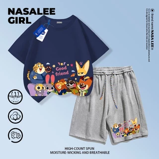 【จัดส่งวันเดียวกัน】ชุดเสื้อยืดผ้าฝ้ายเด็ก NASA สีน้ำเงินกรมท่า แขนสั้นและกางเกงขาสั้น ลายครอบครัวสัตว์สุดป่วน อายุ 3-16 ปี เสื้อผ้าลำลองสำหรับเด็กชายเด็กหญิง