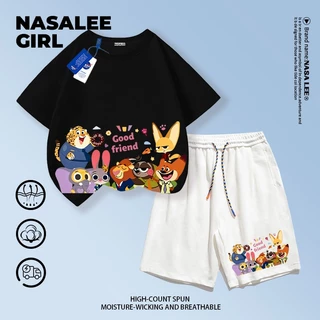 【จัดส่งวันเดียวกัน】ชุดเสื้อยืดผ้าฝ้ายเด็ก NASA สีน้ำเงินกรมท่า แขนสั้นและกางเกงขาสั้น ลายครอบครัวสัตว์สุดป่วน อายุ 3-16 ปี เสื้อผ้าลำลองสำหรับเด็กชายเด็กหญิง