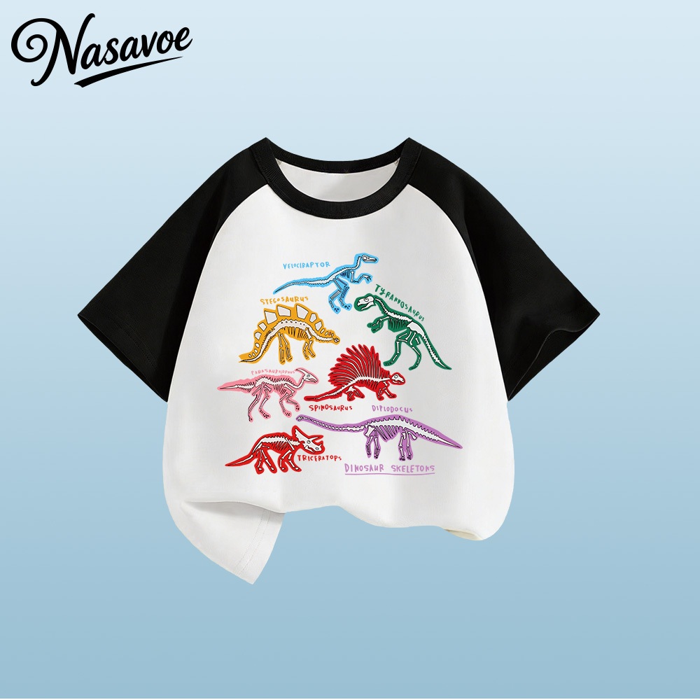 【24 ชั่วโมง】เสื้อยืดเด็กแขนสั้น ไดโนเสาร์, ทรีแองเกิล, ลายการ์ตูนไดโนเสาร์, แบบตัดต่อ, สำหรับเด็กอายุ 1-13 ปี