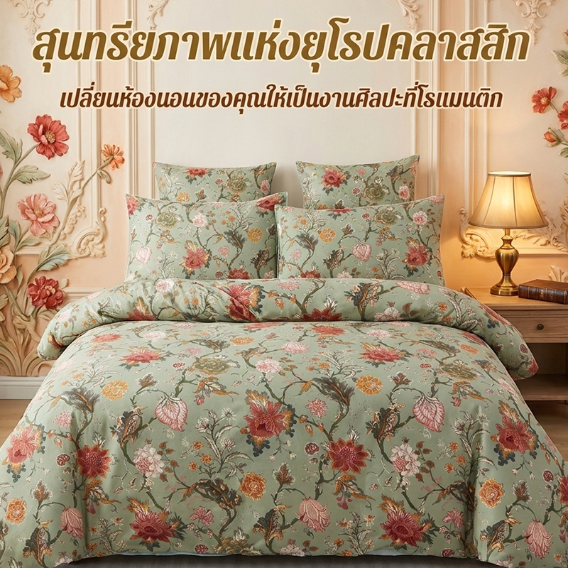 ชุดผ้าปูที่นอนลายดอกไม้สีเขียวเซลาดอนสไตล์วังวินเทจ 4 ชิ้น สไตล์ชาโตว์ฝรั่งเศส ผ้าโพลีเอสเตอร์นุ่ม ผ้าปูที่นอนรัดมุมลึก ปลอกผ้านวมและปลอกหมอน สำหรับห้องนอน ขนาด 3.5 ฟุต / 5 ฟุต / 6 ฟ