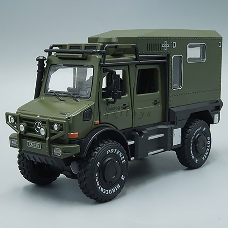 1:28 โมเดลรถเหล็กของเล่น Mercedes Benz Unimog U5000 RV Motorhome Miniature Replica ดึงกลับเสียงและแส