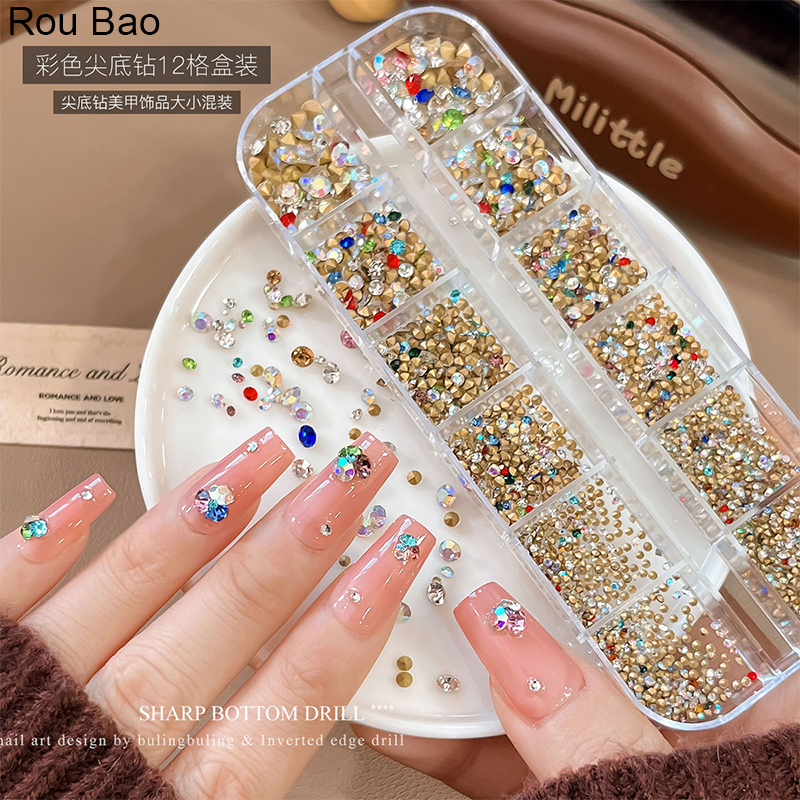Rou Bao 12 กริดเล็บที่มีสีสัน Pointed-ด้านล่าง Rhinestone คละไซส์เล็บ Art 3D DIY ตกแต่ง