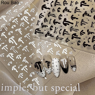 Rou Bao เล็บนูนสีดําสีขาว Polka Dot Bow สติกเกอร์ริบบิ้นด้าน…