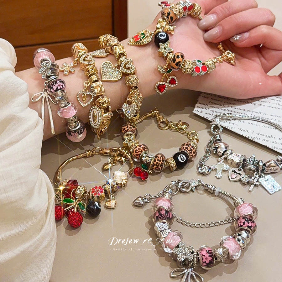 เดรช ทองเชอร์รี่และดอกไม้เสน่ห์สร้อยข้อมือผู้หญิงหัวใจลูกปัดออกแบบหวานสดสไตล์แฟชั่นทุกวันอินเทรนด์เครื่องประดับอุปกร