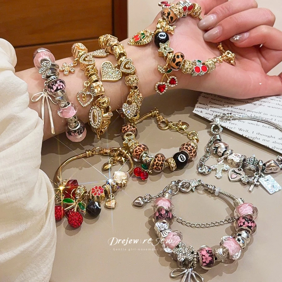 เดรช ทองเชอร์รี่และดอกไม้เสน่ห์สร้อยข้อมือผู้หญิงหัวใจลูกปัดออกแบบหวานสดสไตล์แฟชั่นทุกวันอินเทรนด์เครื่องประดับอุปกร