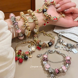 เดรช ทองเชอร์รี่และดอกไม้เสน่ห์สร้อยข้อมือผู้หญิงหัวใจลูกปัดออกแบบหวานสดสไตล์แฟชั่นทุกวันอินเทรนด์เครื่องประดับอุปกร