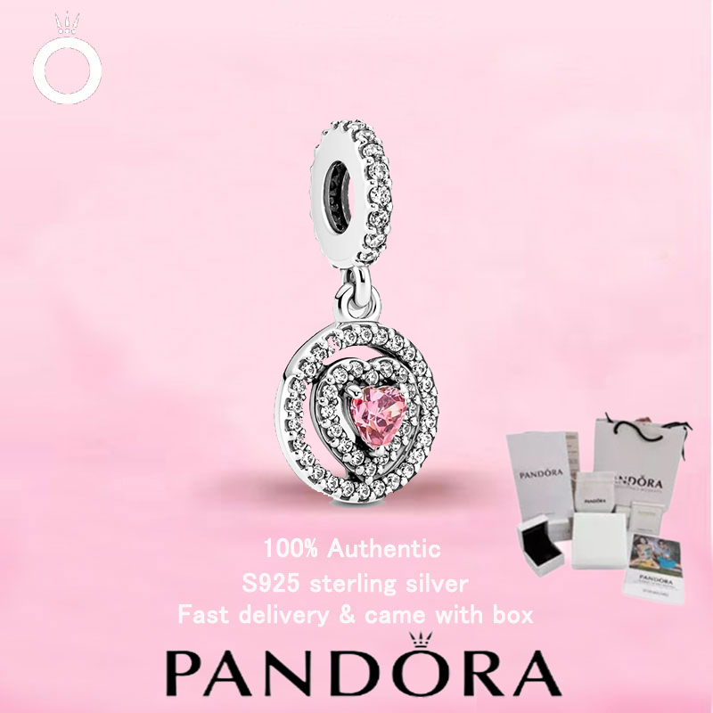 พวงมาลัยห่วงสร้อยคอมุกหัวใจสองชั้น Pandora เงินแท้ 925 สำหรับของขวัญวันแห่งความรัก