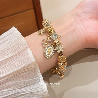 เดรช ทองเชอร์รี่และดอกไม้เสน่ห์สร้อยข้อมือผู้หญิงหัวใจลูกปัดออกแบบหวานสดสไตล์แฟชั่นทุกวันอินเทรนด์เครื่องประดับอุปกร