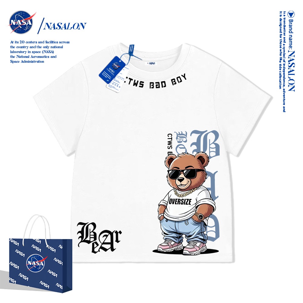 NASA เสื้อยืดเด็ก สีขาว เสื้อเด็กผู้ชาย ลายหมีสไตล์เท่ ผ้าฝ้าย 100% ระบายอากาศดี แฟชั่นสําหรับเด็ก