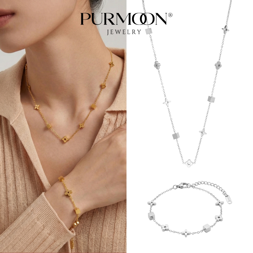Purmoon ชุดเครื่องประดับโคลเวอร์นําโชคสแตนเลสย้อนยุค – สร้อยคอและสร้อยข้อมือดอกไม้หรูหราสําหรับผู้หญ