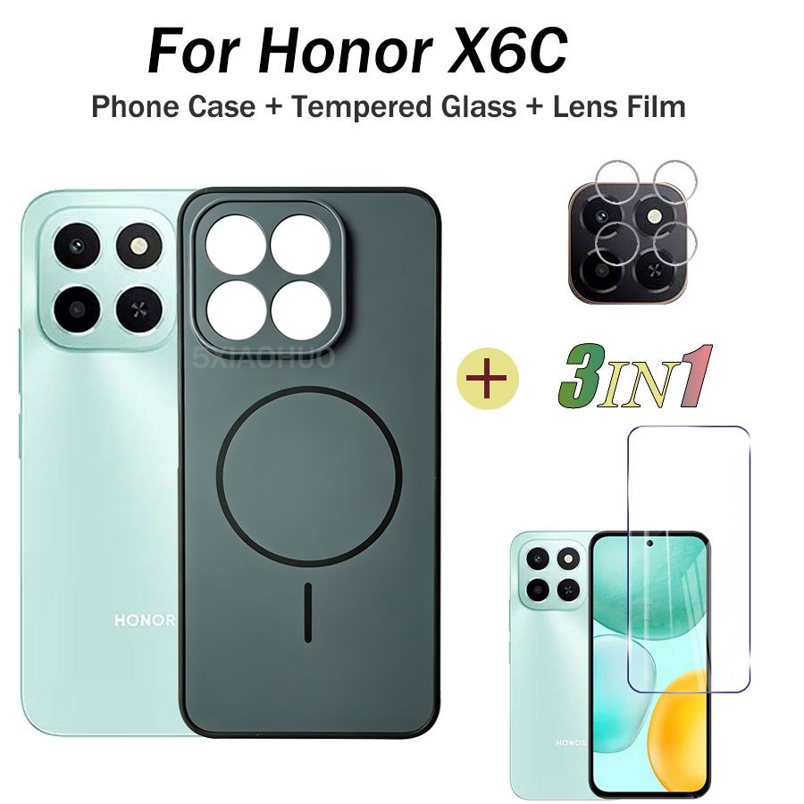 3in1 สําหรับ Honor X6C เคสโทรศัพท์ Frosted ฝาครอบป้องกันสําหรับ Honor X6C ฟิล์มกระจกนิรภัย + ฟิล์มป้