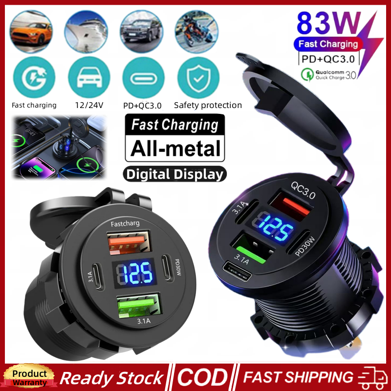 (จัดส่งภายใน 12H) Dual USB PD 30W รถ Fast Charging Socket พร้อม LED โวลต์มิเตอร์, Power Outlet Adapter กันน้ําสําหรับ 12 V/24 V รถเรือ