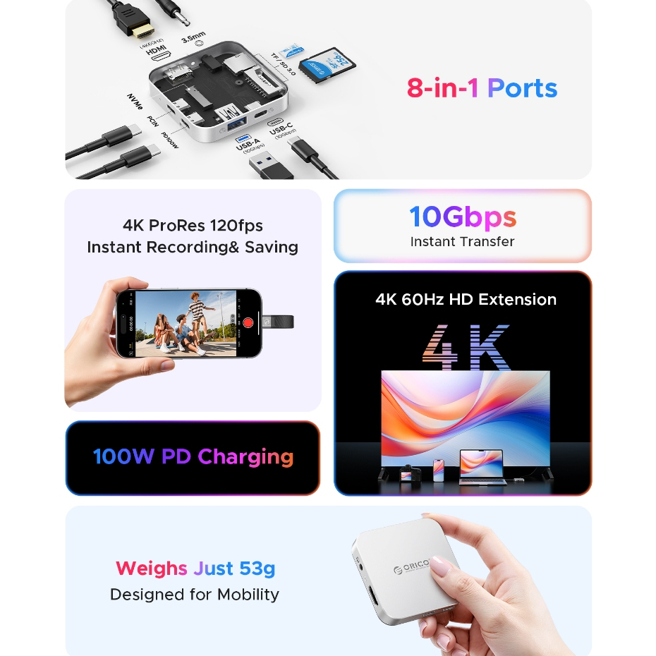 ORICO 8 in 1 Docking Station แม่เหล็ก USB C Hub TF/SD 3.0 รูปที่ 2