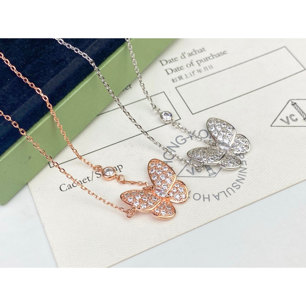 รุ่นสูง 1: 1Vca ทอง 18k สร้อยคอผีเสื้อเพชรเต็มหญิงหรูหราจี้ AU750 แฟชั่นคลาสสิกของขวัญวันหยุดแฟน
