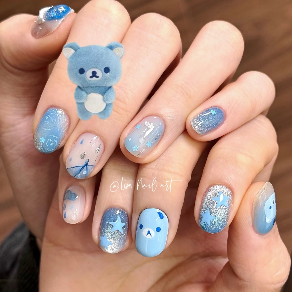 Blue Little Panda Eye Smudge Gradient Wear Nails ins Short Star Natural y2k Simple Nails Patch